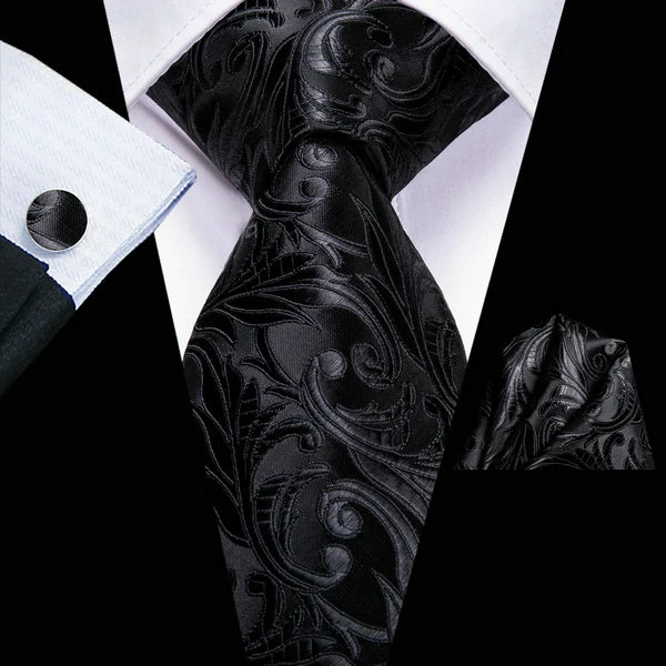 Extra Long Tie Set for Men, 3-Piece Wedding Accessories with Cufflinks & Pocket Handkerchief, Striped/Floral Design Qme DPTH-LDSN3556