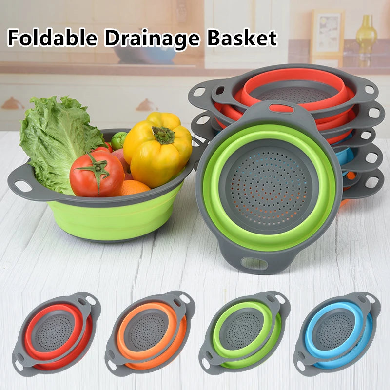 Foldable Vegetable Fruit Cleaning Basin Drainage Basket Silicone Collapsible Colander Folding Wash Drainer Kitchen Storage Tools Qme