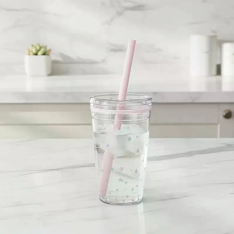 450ml Plastic Straw Cup Tea Coffee Milk Simple Straws Sweet Cute Star Cup Friend Gifts Qme