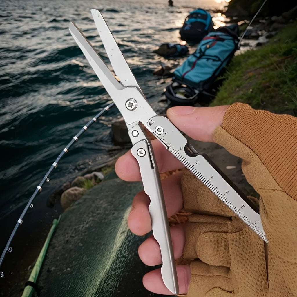 Compact 2-in-1 Foldable Scissor Tape Measuring Ruler-Stainless Steel, Lightweight, Portable, Suitable for EDC Camping, Survival Qme