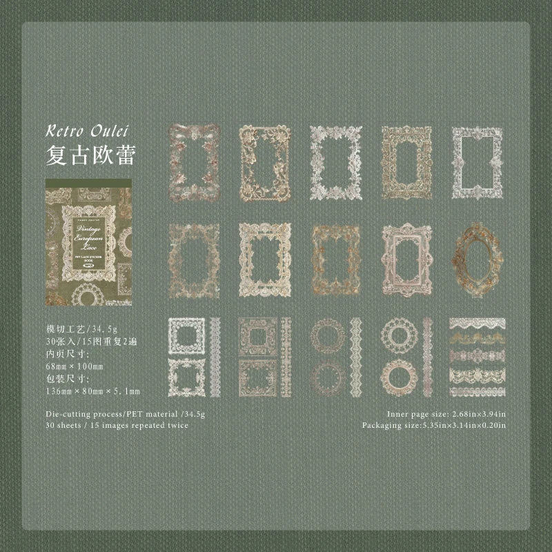 30 Pcs/book antique style hollow lace stickers DIY diary magazine manual decoration collage album scrapbook aesthetic stationery Qme A