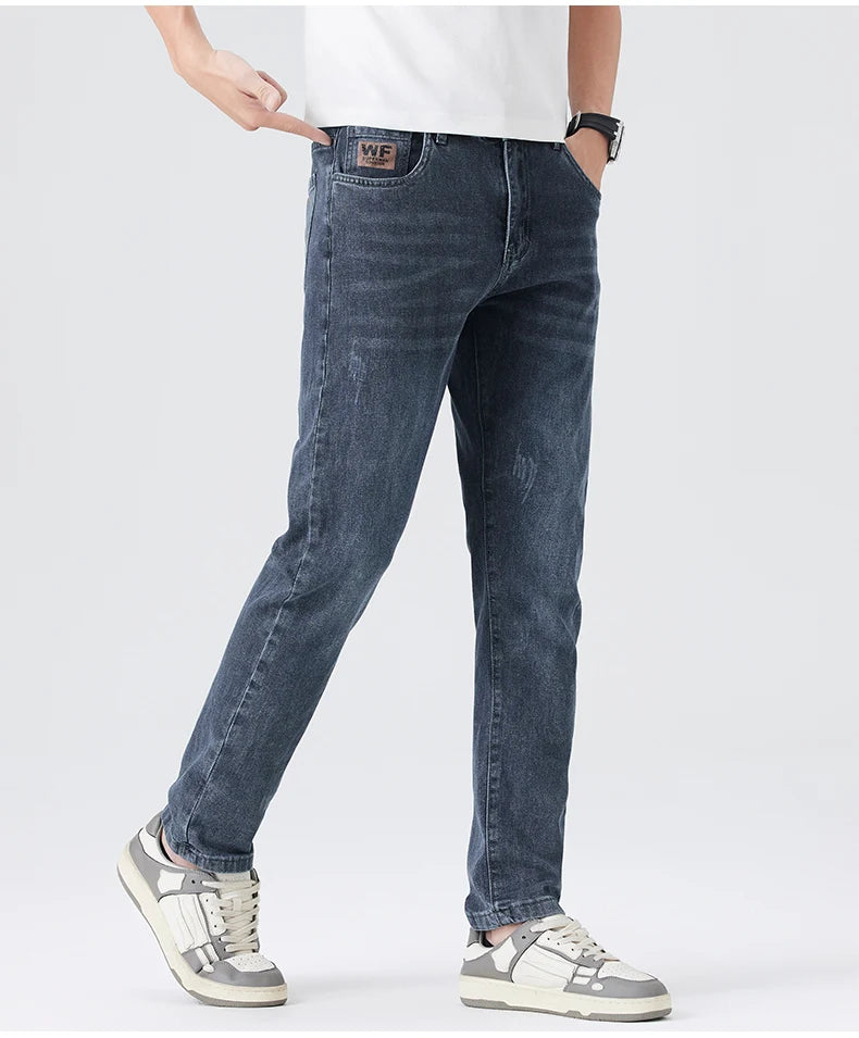 Jeans men summer new slim fit skinny pants casual pants men Korean style trendy thin nine-point pants Qme Blue Gray 29