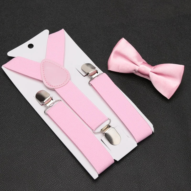 Kids Suspenders for Pants Bowtie Set Matching Tuxedo Suit Boy Girl Childs Black Adjustable Y-Back Brace Belt Wedding Accessories Qme Pink