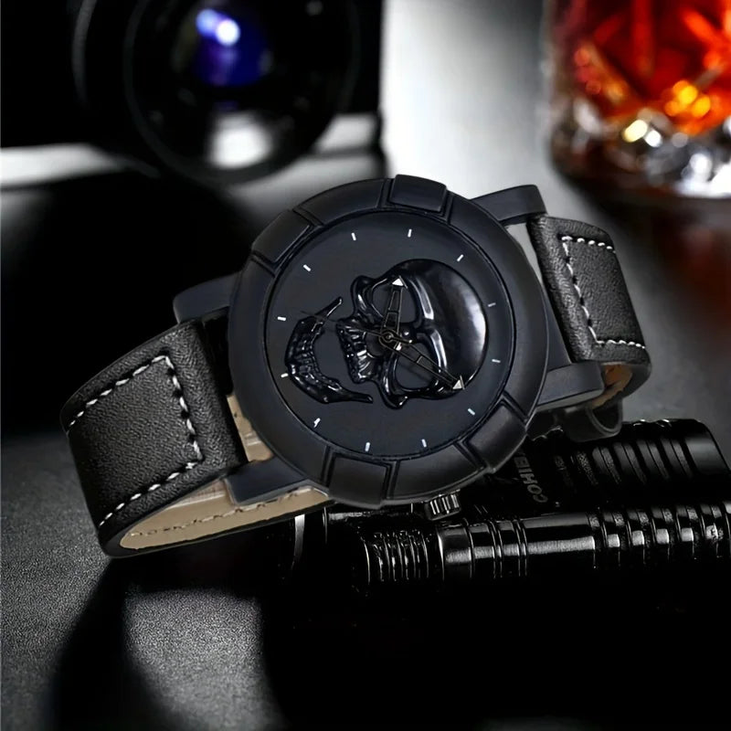 Skull Pattern Multi Display Pointer Round Quartz Watch With PU Leather Strap For Men Qme