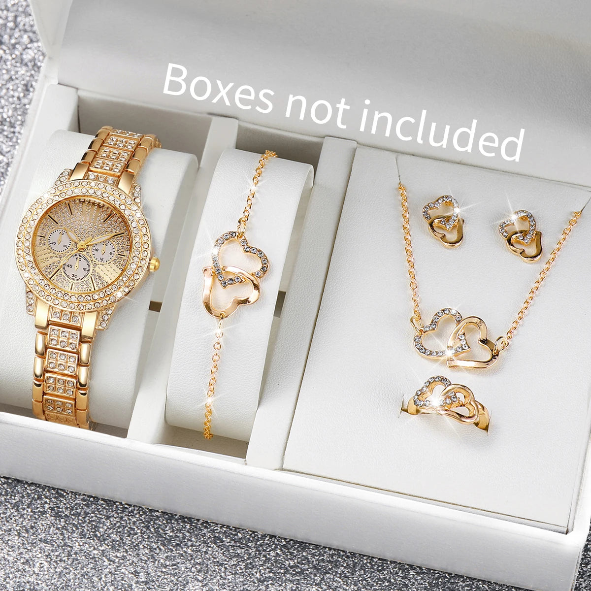 6PCS Luxury Rhinestone Women Watch Jewelry Set Ladies Fashion Alloy Strap Quartz Wristwatch Reloj Mujer Girls Clock(Without Box) Qme 6PCS Set Without Box