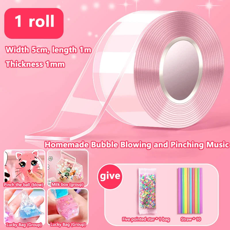 Kids Gifts PET Nano Glue DIY Blow Bubble Double Sided Tape Sticky Qme A1