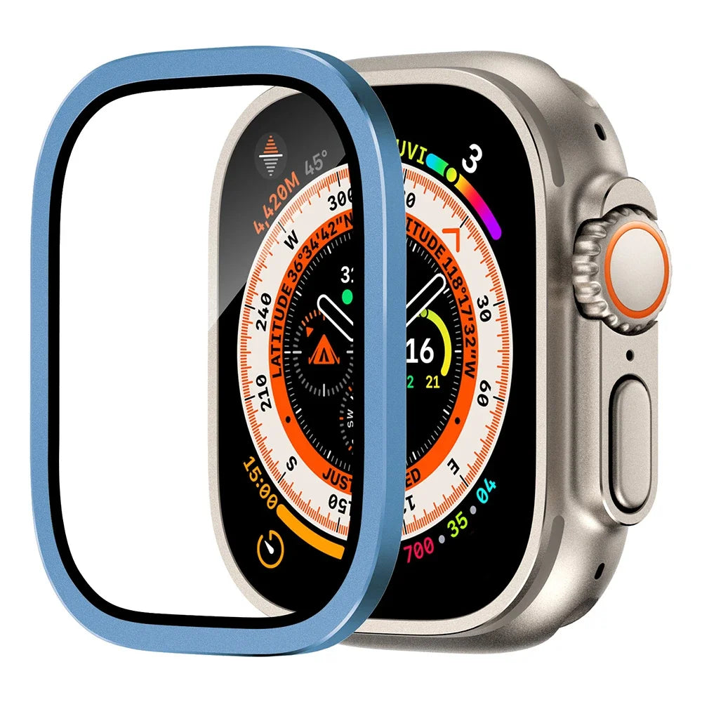 Tempered Glass for Apple Watch Ultra 2 49mm Screen Protector Metal Frame Anti-Scratch for IWatch Series Ultra 49 mm Accessories Qme Light Blue For Ultra 49mm