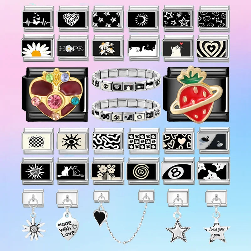 2025 Fashion Red Strawberry Love Heart Black Sun Moon Stars Italian Charm Links Fit 9mm Bracelet Stainless Steel Jewelrys Making Qme