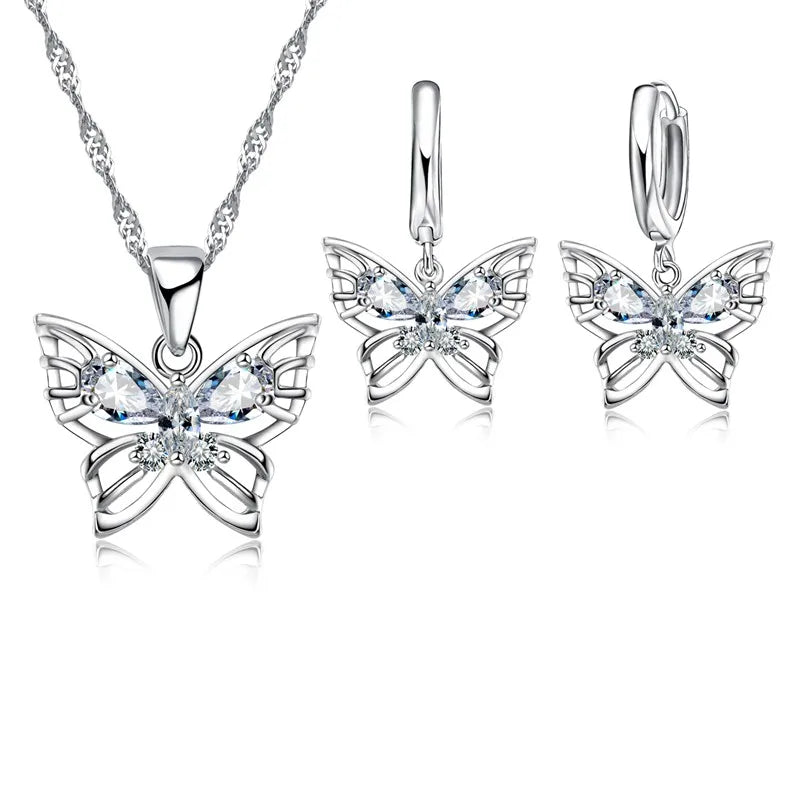 New Fashion 925 Sterling Silver Color Jewelry Sets Shining Austrian Crystal Inlaid Butterfly Wedding Pendant Necklace Earrings Qme Default Title