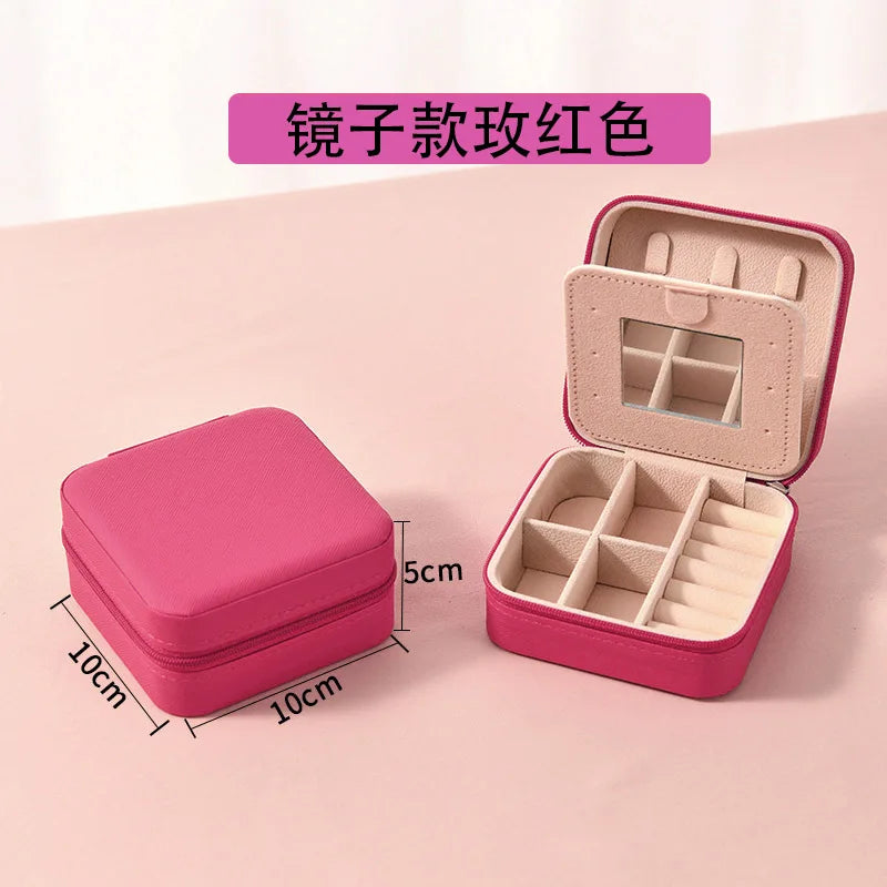 1pc Single Layer Square Storage Box Ladies Travel Leather Jewelry Box Classic Various Colors Storage Box with Mirror Qme RoseRed1