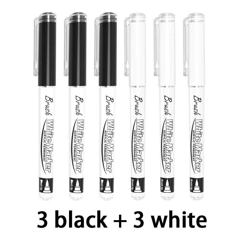 Large Capacity Permanent Black/White Acrylic Paint Pen for Art Supplies, Fabric Paint, Markers for DIY Art Qme 3 black 3 white