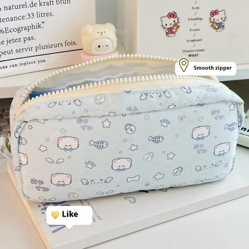 Cute Fishbone Cat Printed Pen Bag Portable Large Capacity Pencil Case Qme