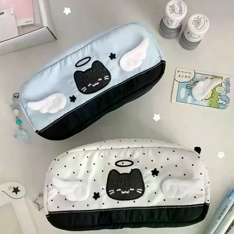 Cute Cartoon Angel Cat Printed Pencil Case Student Stationery Back Qme