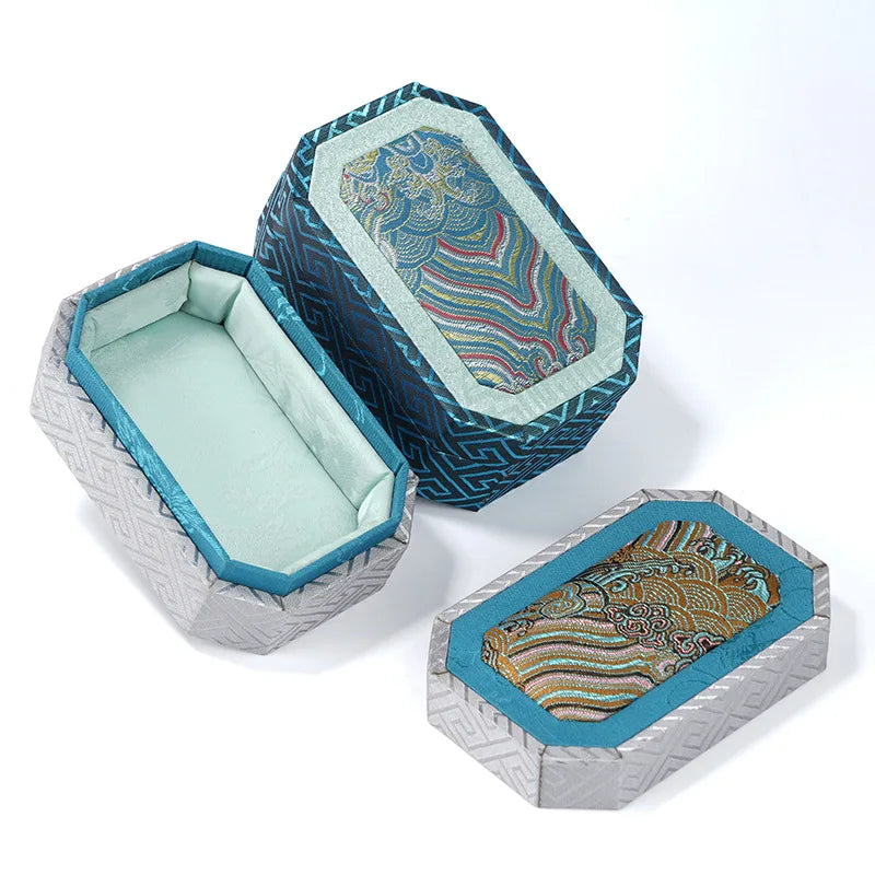 Chinese Style Brocade Jewelry Box Wave Pattern Heaven&Earth Cover for Curio Bracelet Storage Gift Packaging,Jewelry Display Box Qme