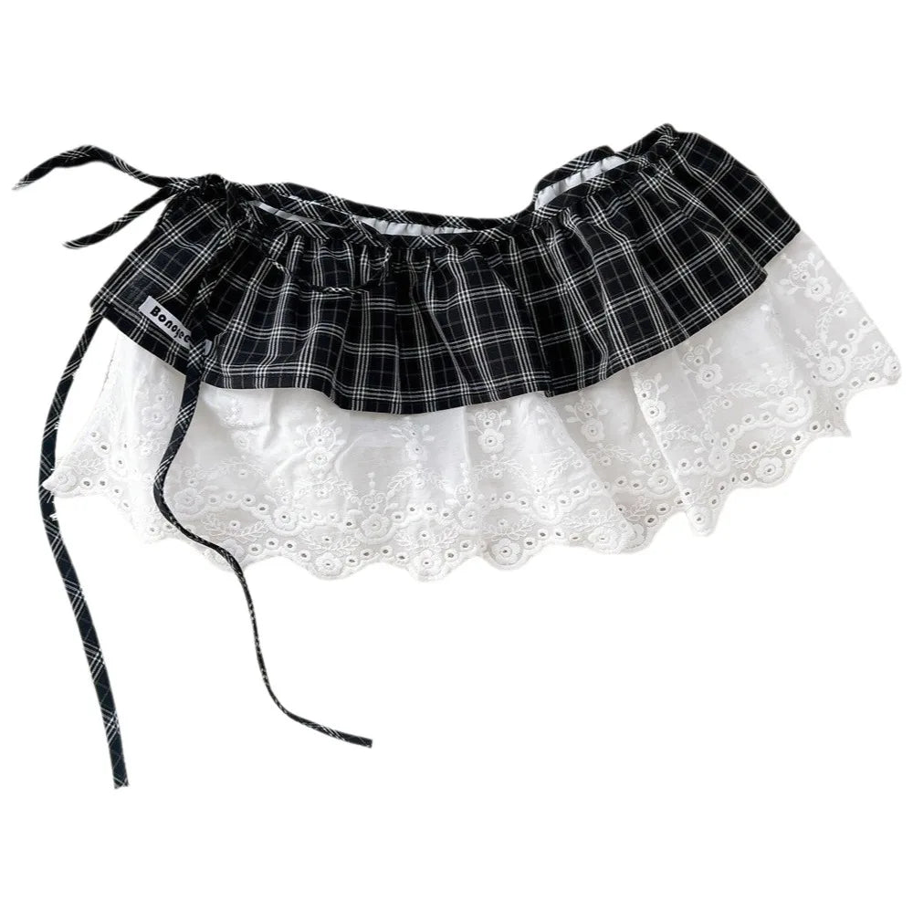 Sweet Balletcore Plaid Fart Curtain Korean Lace Up Mini Skirts Qme Style F