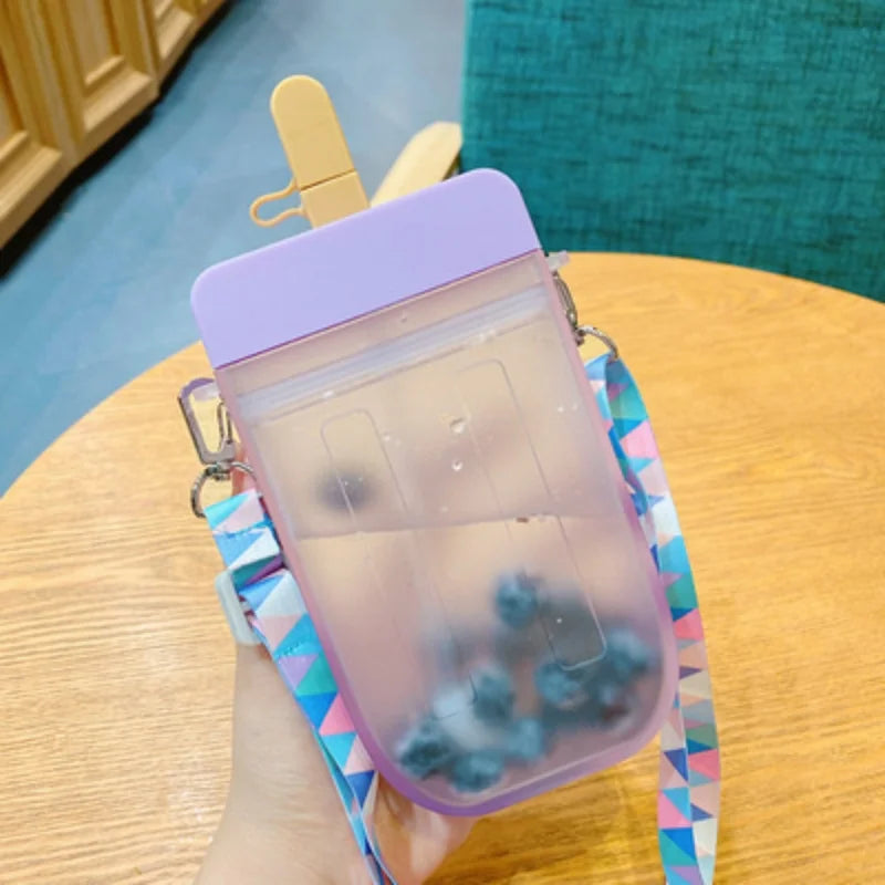 300ml popsicle ice cream cup, crossbody plastic straw water cup, simple and creative, portable cup, straw anti drop water bottle Qme purple <500ml