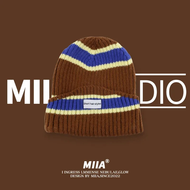 Niche Striped Autumn Winter Warm Wool Hat Showing Face Small Qme coffee with blue One Size