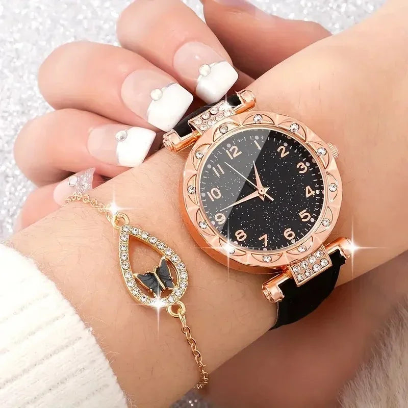 5PCS/Set Luxury Women Watches Rhinestone Fashion Elegant Wristwatch Quartz Watch Ladies Clock For Girl Gift Qme