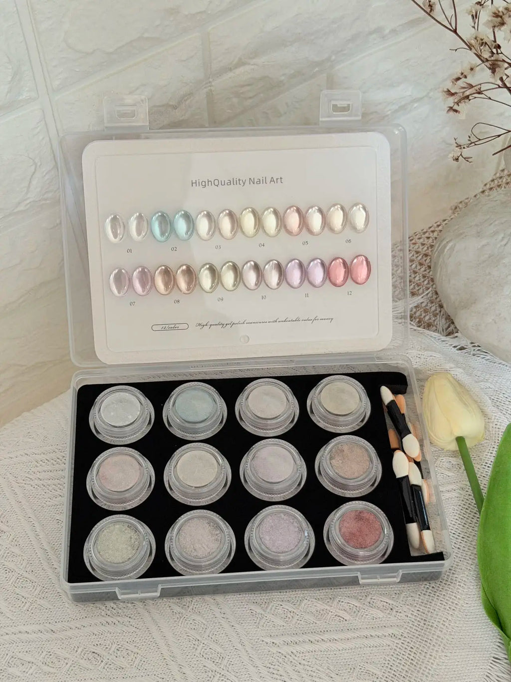 Aurora Chrome Nail Powder 12 Colors Mirror Pearl Pigment Swatch Card Qme