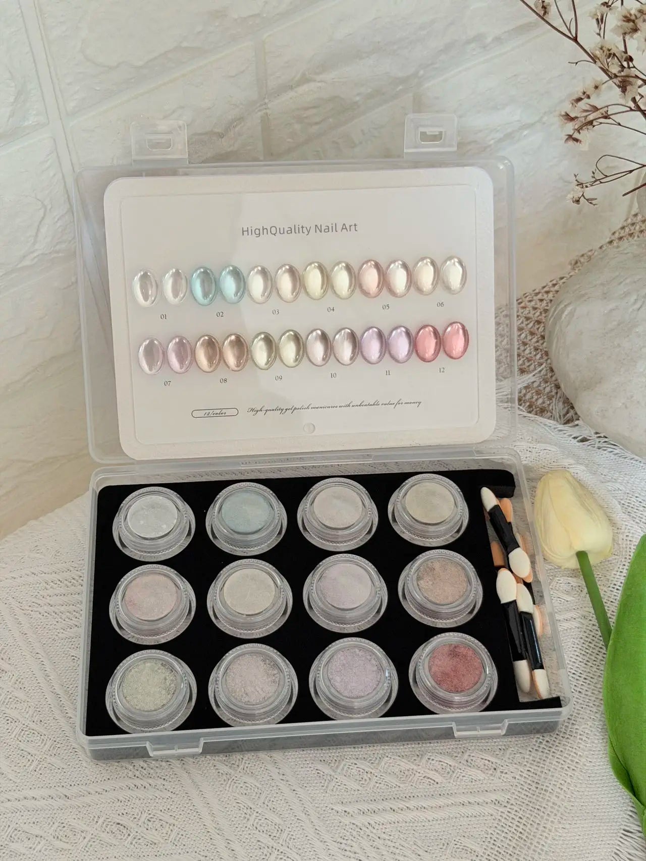 Aurora Chrome Nail Powder 12 Colors Mirror Pearl Pigment Swatch Card Qme