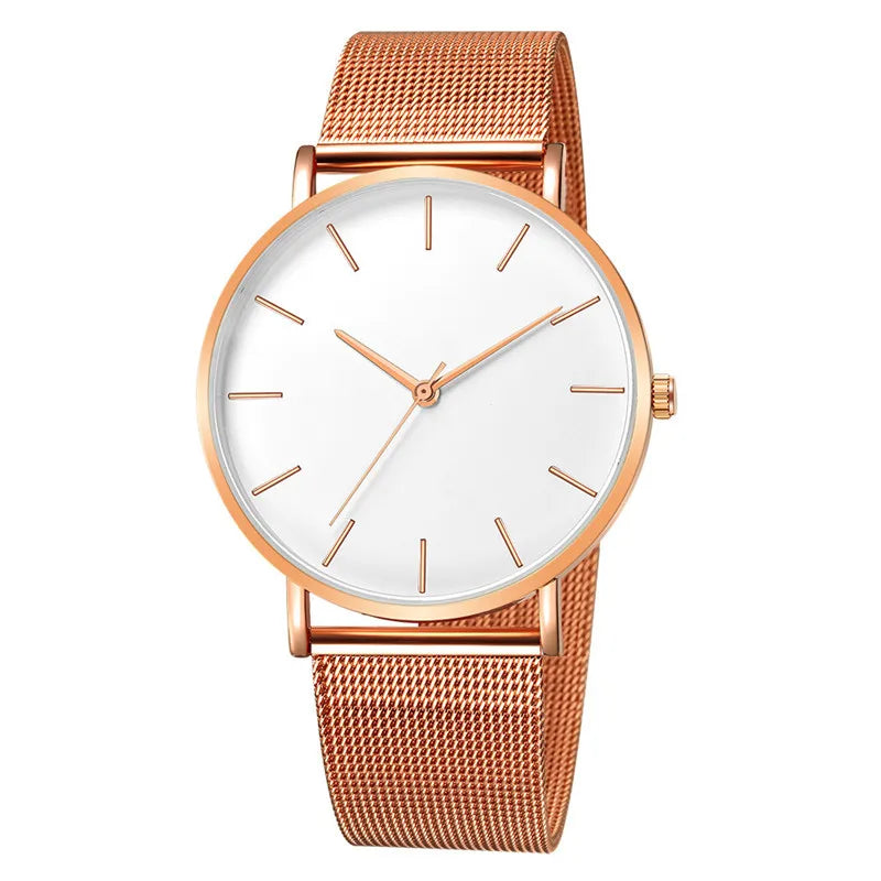 Reloj Mujer Ladies Fashion Metal Hour Casual Watch Simple Quartz Wrist Watch Female Black Mesh Stainless Steel Watch Saa Bracele Qme RG white