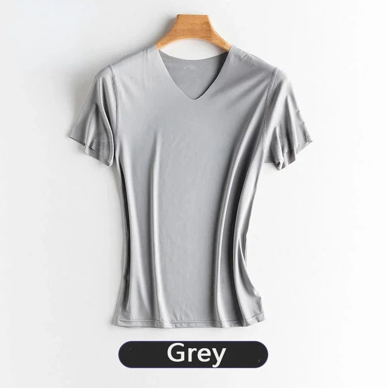 Men's Ice Silk Thin Cool Feeling V-Neck Large Size Men T-Shirt Short Sleeve Loose T-Shirt Solid Color for Male Tops Tees Qme Gy M