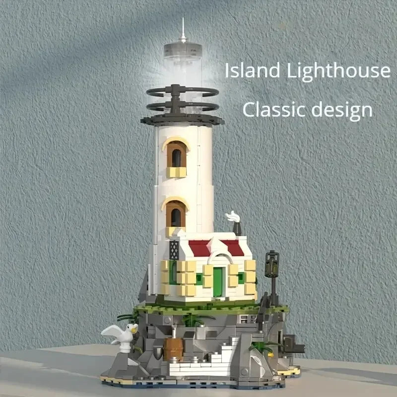Sea Island Electric Lighthouse Building Blocks Fisherman's Hut Glowing Lighthouse Assembly Model Bricks Desktop Ornaments Gifts Qme