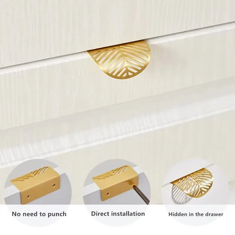 Leaf-shaped Modern Furniture Drawer Brass Handles Wardrobe Knob Door Qme