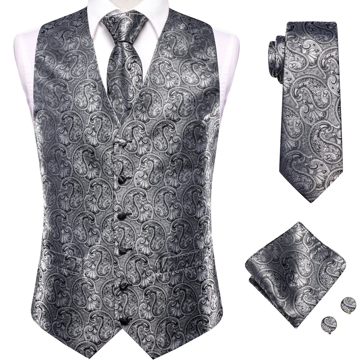 Mens Suit Vest Tie Hanky Cufflinks Jacquard Floral Paisley Waistcoat