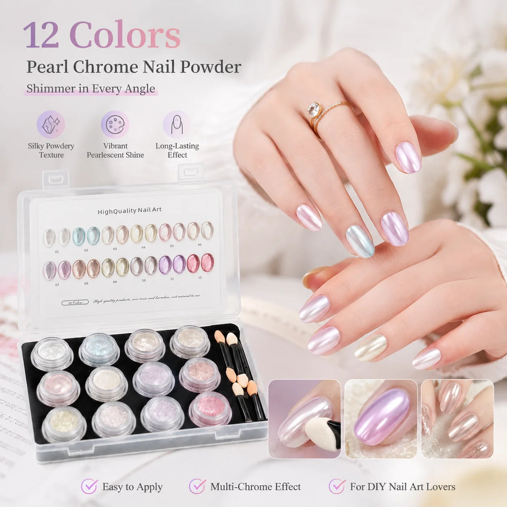 Aurora Chrome Nail Powder 12 Colors Mirror Pearl Pigment Swatch Card Qme