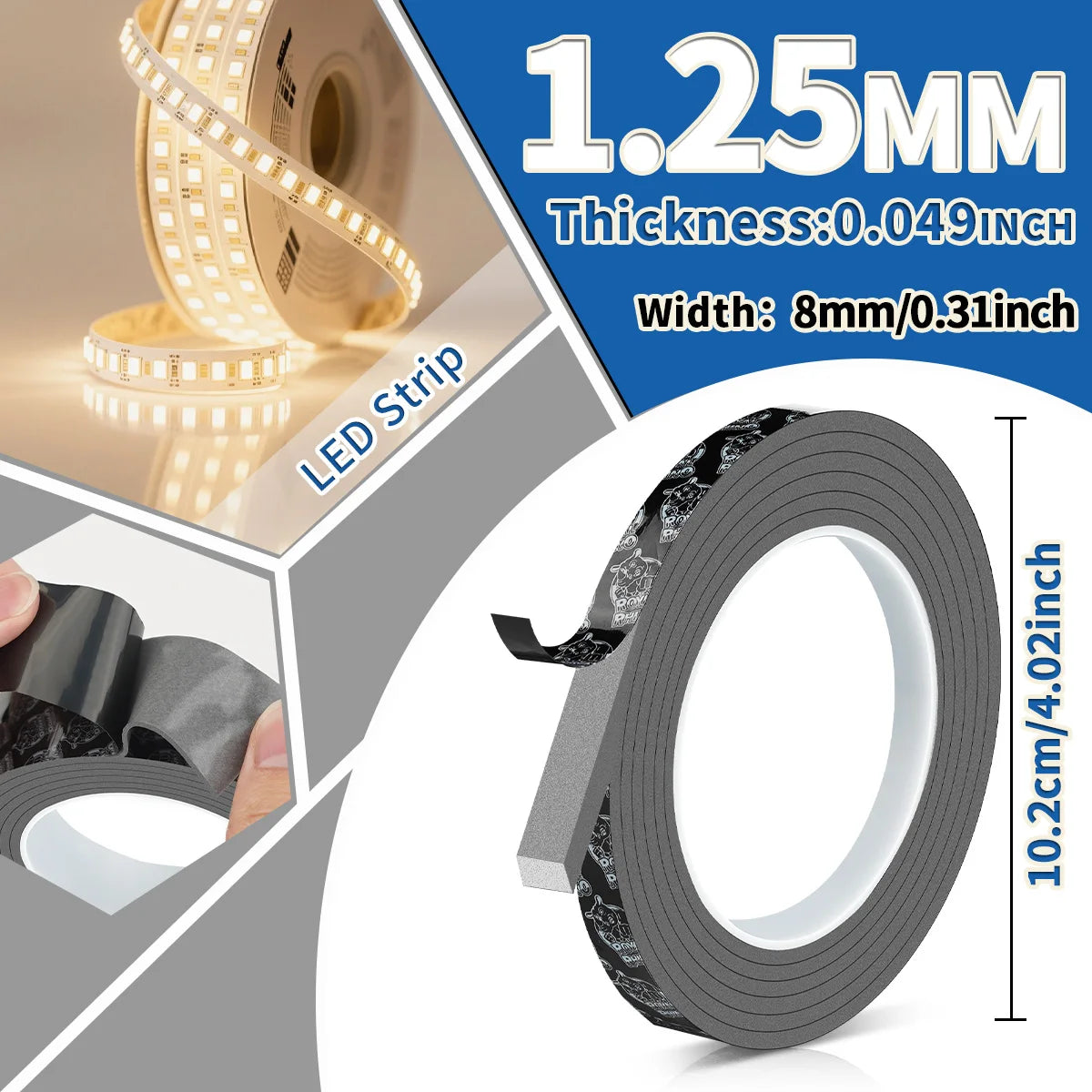 Strong Double Sided Adhesive Tape High Viscosity Thicken Fixed Vehicle-mounted Driving Recorder Black Tape No Trace Qme width-8mm 1.25mm
