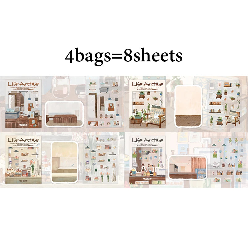 Life Archive Healing Scene Stickers, 4 Bags Set, Cozy Home Illustrations, Relaxing DIY Crafts for Journal Lovers Qme 4bags