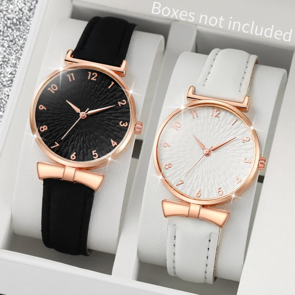 2PCS Fashion Women's Watches Casual Leather Band Analog Quartz Watch（Without Box） Qme 2PCS Set Without Box