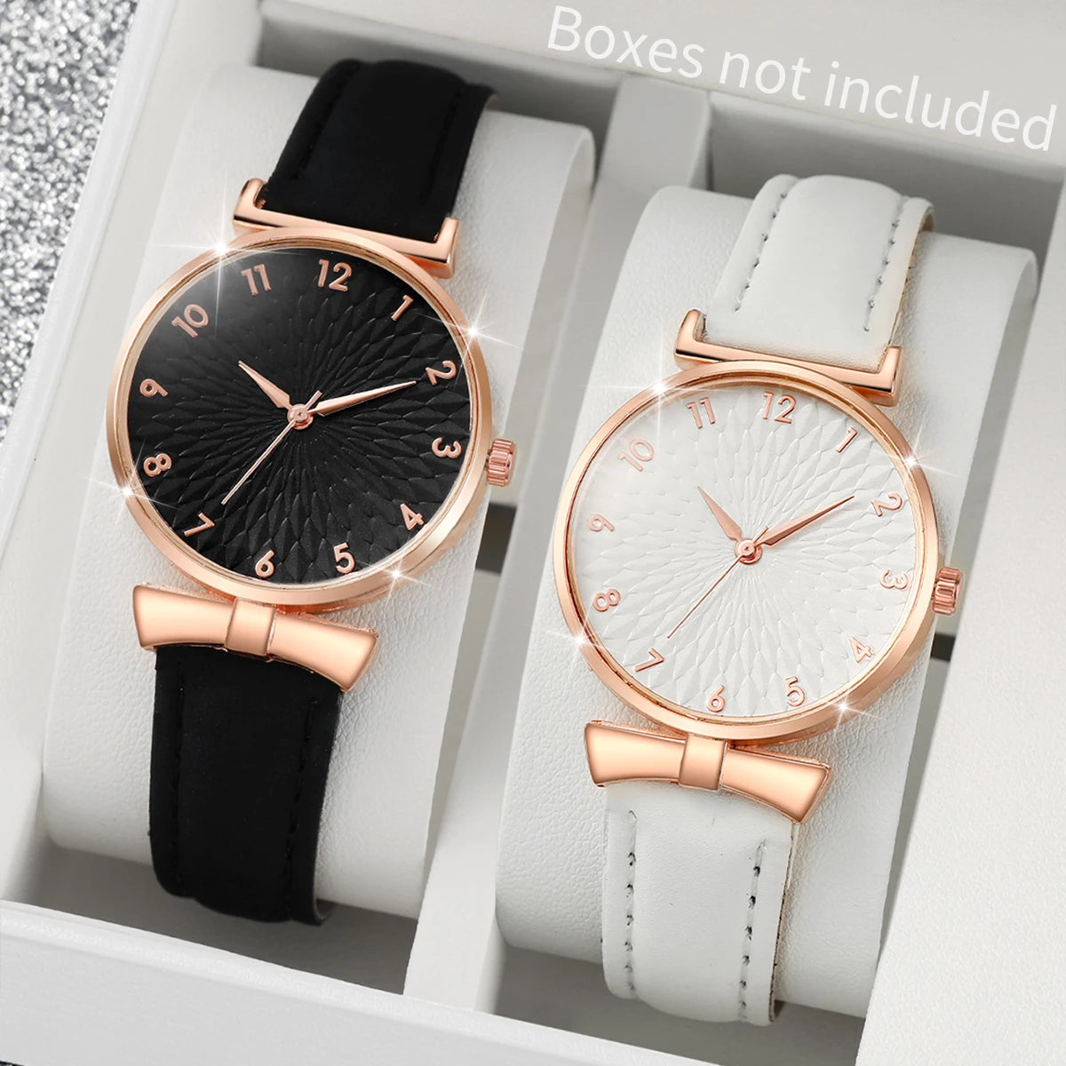 2PCS Fashion Women's Watches Casual Leather Band Analog Quartz Watch（Without Box） Qme 2PCS Set Without Box