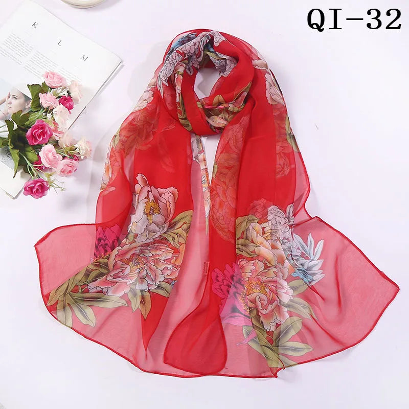 Painting Lotus Beach Sun Protection Chiffon Georgette Scarf Women Foulard Scarf Shawls Female Long Wraps Beach Sunscreen Hijab Qme QI-32