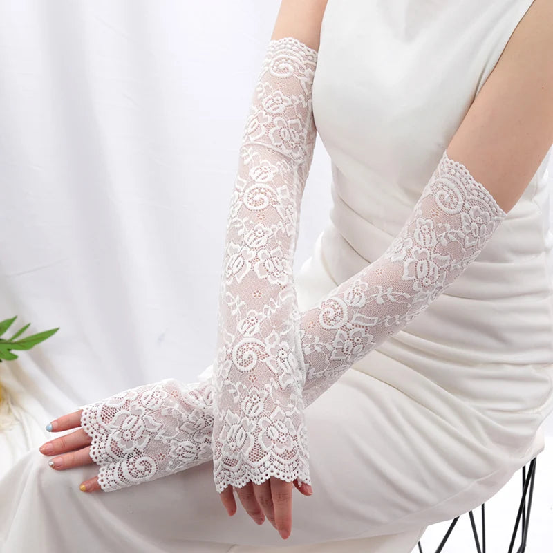 Women Long Lace Gloves Fishnet Mesh Fingerless Mittens Lady Cycling Qme