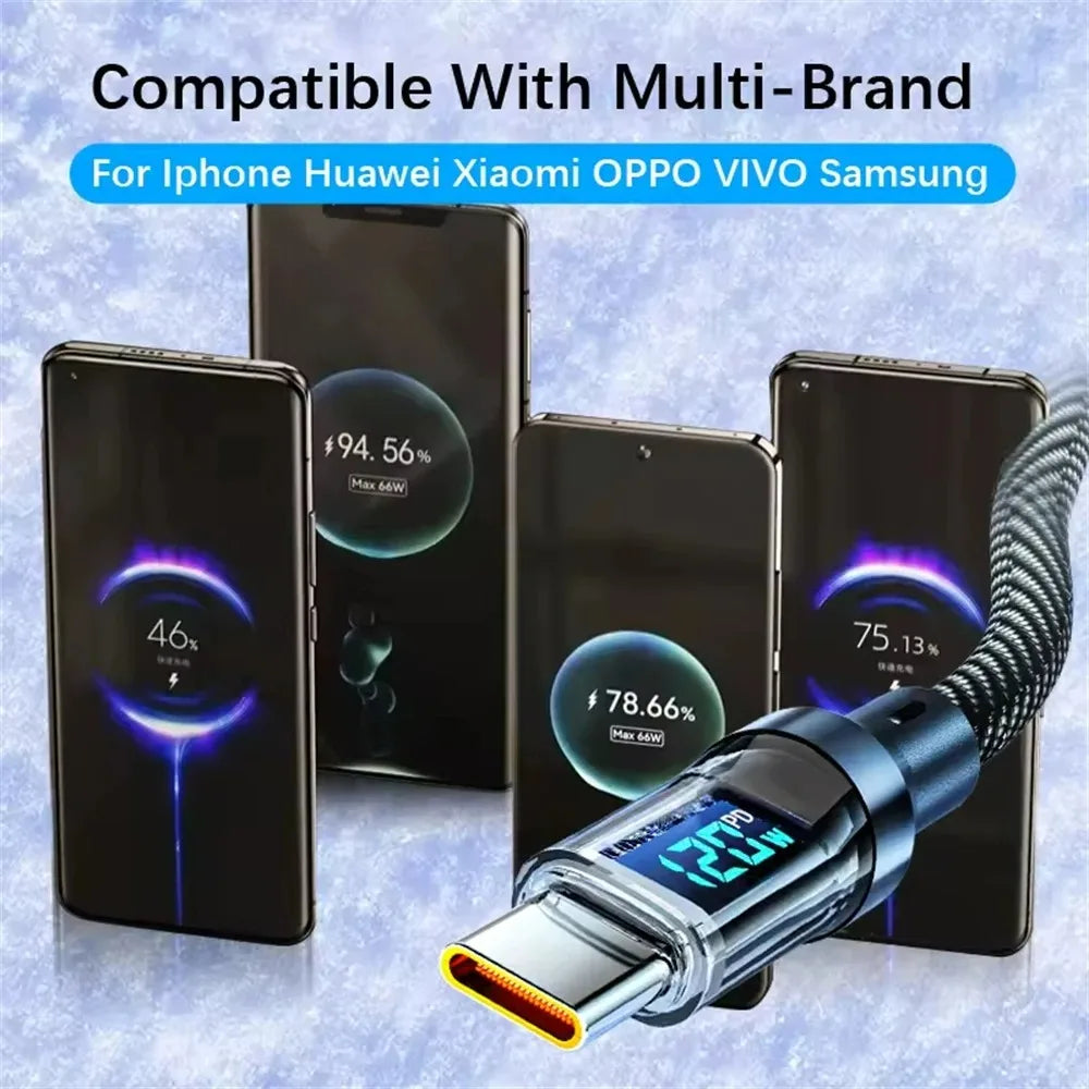120W USB C to Type C Data Cord LED Digital Display Quick Charge USB Cable 1/1.5/2M Portable PD Fast Charge Line For Home Office Qme