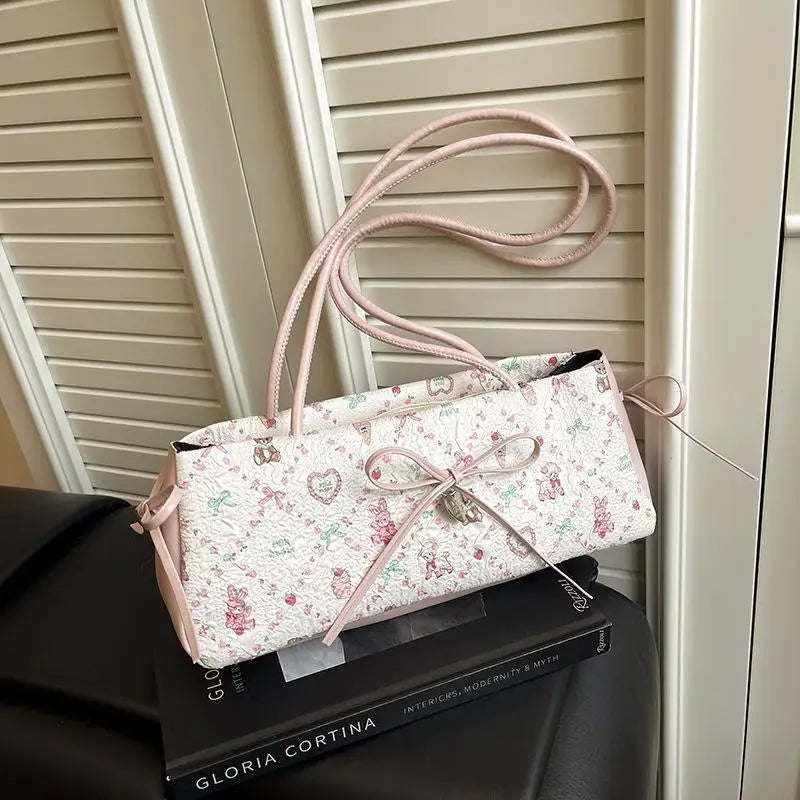 Sweet Bow Shoulder Bag Cartoon Print Underarm Bag Female Tote Bag Versatile Large Capacity Commuter Handbag Holiday Gift Qme