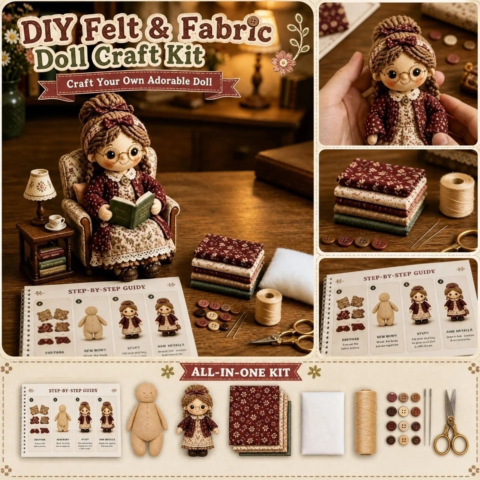 Doll Patchwork DIY Kit Complete Sewing Material Pack Fabric Accessory Set Handcraft Making Supplies for Beginner and Craft Lover Qme D One Size