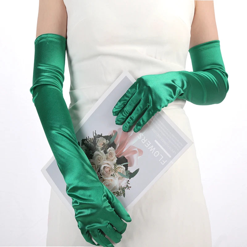 Classics Ladies Satin Long Mittens Stage Performance Women Black Colour Gloves Sexy Accessories Soft Smooth Solid High Stretch Qme green One Size