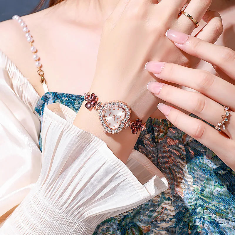 Requintado relógio de pulso feminino em forma de coração, pulseira quartzo sem caixa, moda Qme