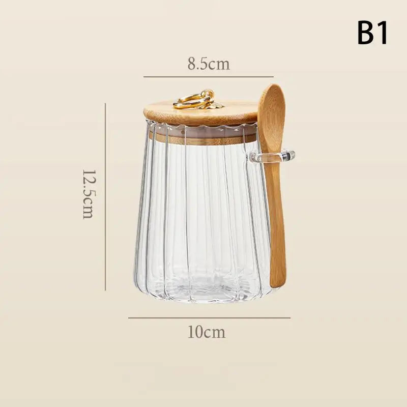 Clear Glass Food Containers with Wood Lid and Spoon Kitchen Storage Jar Sealed Cans for Loose Tea Candy Cereal Organizer Qme B1