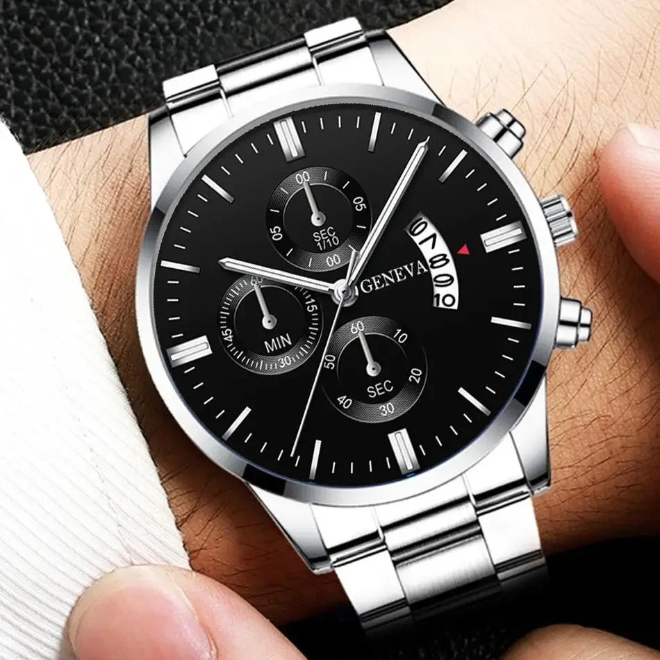 Classic Silver Tone Male Accessory Kit, Analog Chronograph Steel Band Watch with Thick Cuban Link Bracelet Cross Pendant Necklac Qme