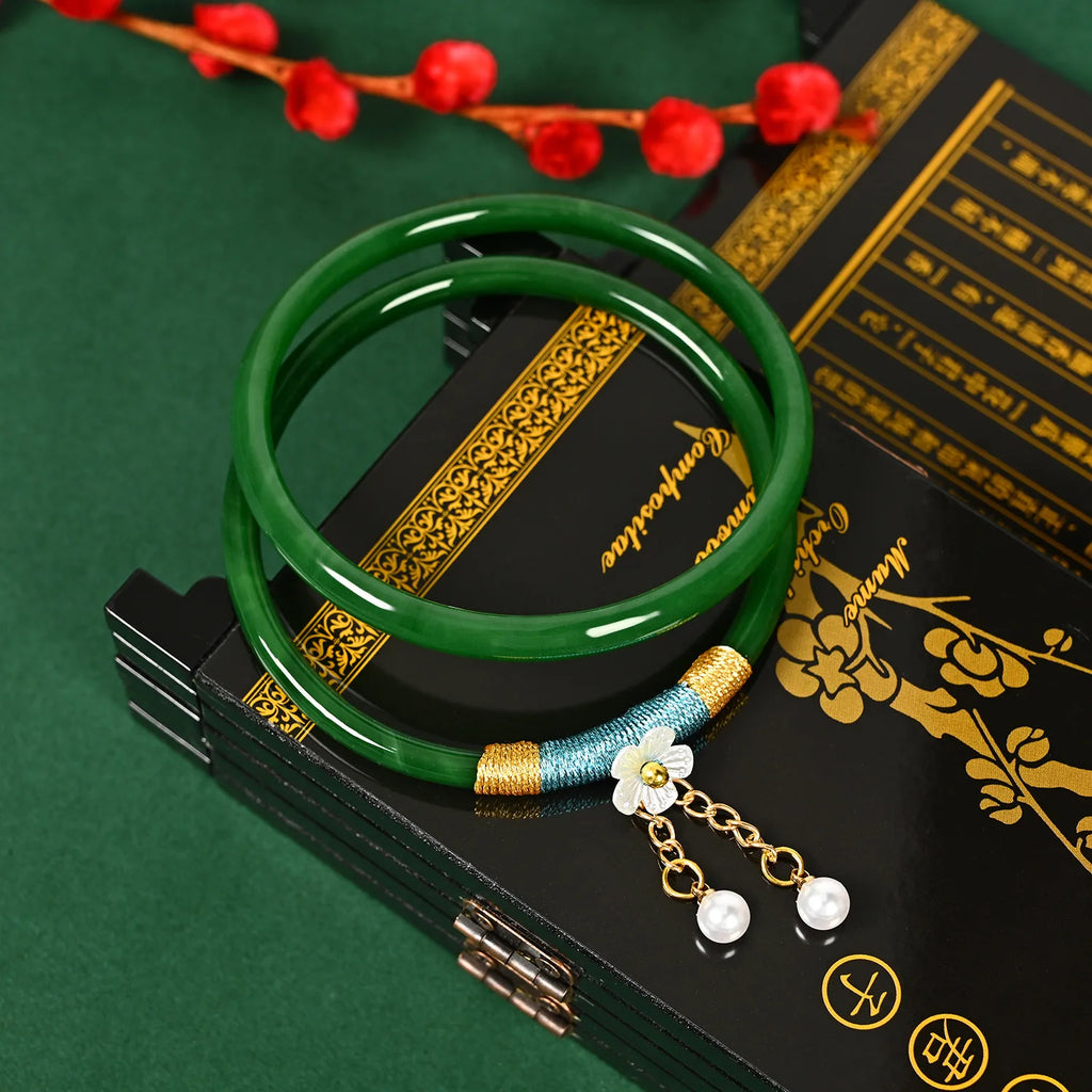 2Pcs/Set Natural Jade Jingle Bangles Retro Simple Fairy Flower Glass Bracelet Femme Fashion Women's Casual China Jewelry Gifts Qme