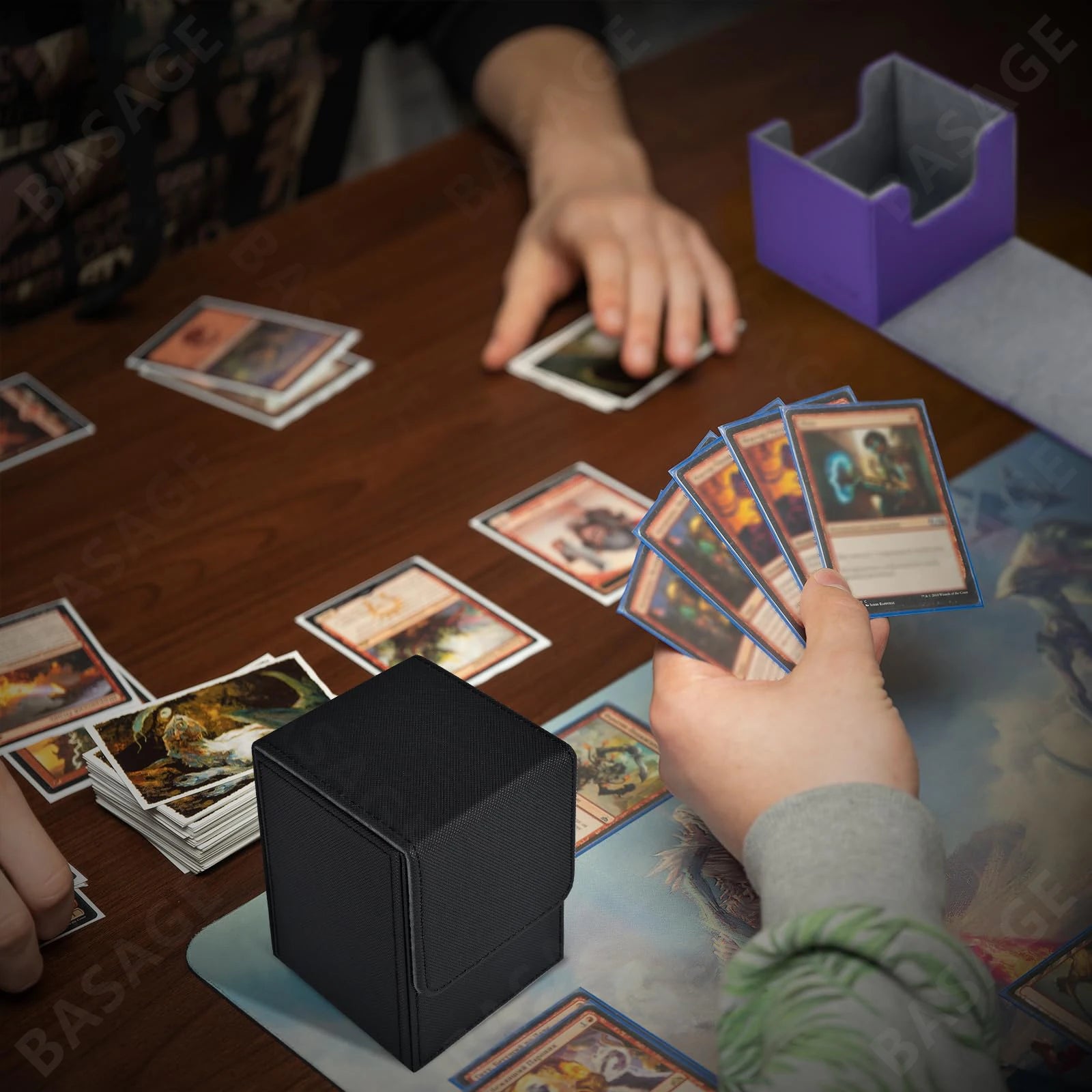 Card Fit For 100+Single Sleeved Cards With 2 Dividers, Leather Trading Commander Deck Box Compatible With Mtg Card Deck, Qme