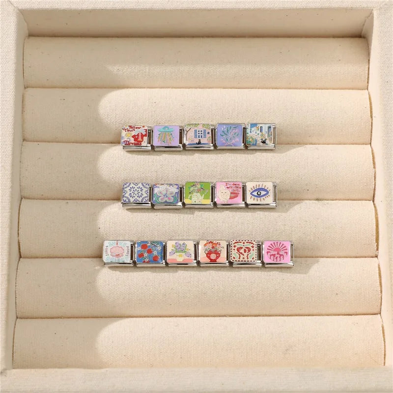 2026 Y2K Colorful Glaze Cute Street Scene Cat Italian Charm Link fit 9mm Stainless Steel Jewelry DIY Making Bracelets For Gifts Qme
