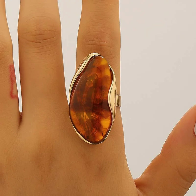 Vintage Irregular Resin Alloy Stud Earrings & Ring - Women's Coffee Color Fashion Elegant Stud Earrings & Ring Jewelry Set Qme Ring-Brown