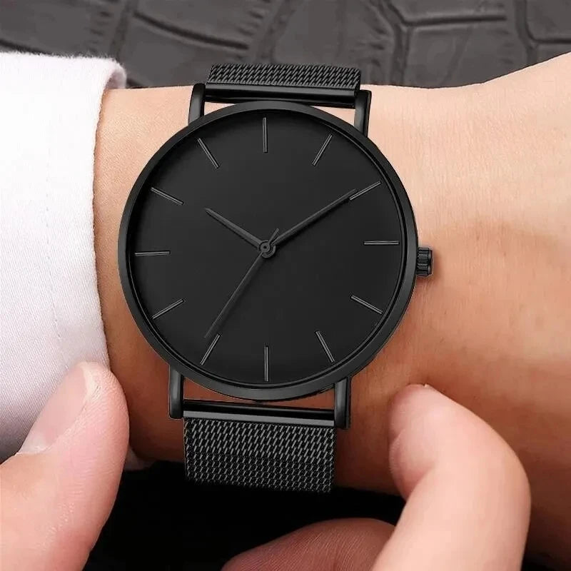 Fashion Ultra Thin Creative Black Stainless Steel Quartz Watches Men Simple Fashion Business Watch-Bracelet Male Watch Qme