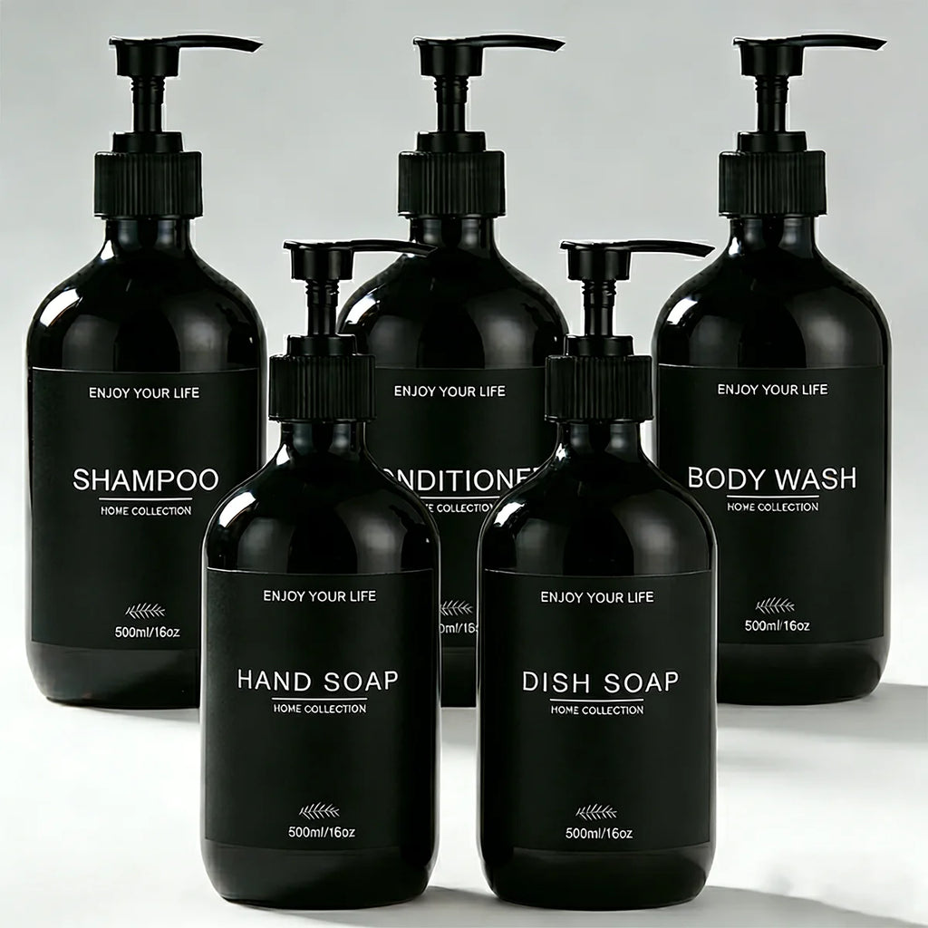 Shower Soap Dispenser Set Glossy Black Refillable Shampoo and Conditioner Body Wash Dispenser with Waterproof Labels Bathroom Qme