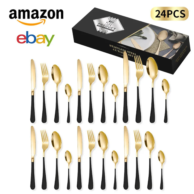 24-Piece Stainless Steel Tableware Set,Western Cutlery Steak Knife Fork Spoon, Gift Box Set for Home Restaurant Wedding Gift Qme A-24Pcs BlkGold